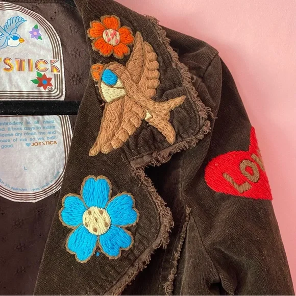 1970 Johnny Was Vintage Joystick Embroidered Brown Corduroy Blazer Jacket Large - Picture 4 of 13